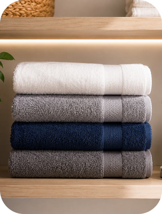 Stacked Utopia towels on a shelf